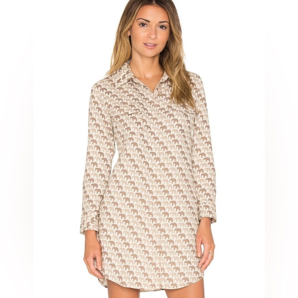 Sheridan French Elephant Print Beige Shirt Dress